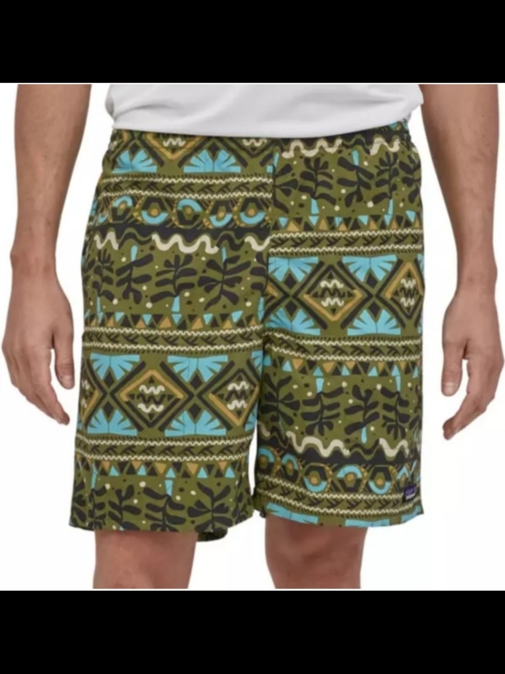 Patagonia Men's Olive and Teal Geometric Swim Trunks